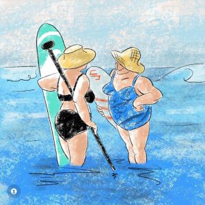 Ladies comparing surfing gear